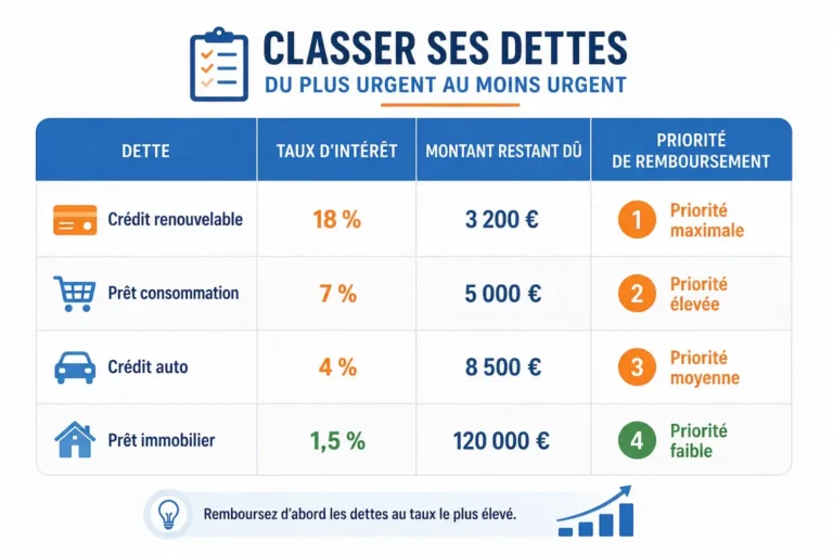 tableau pédagogique pour classer ses dettes par taux d’intérêt, montant restant dû et priorité de remboursement